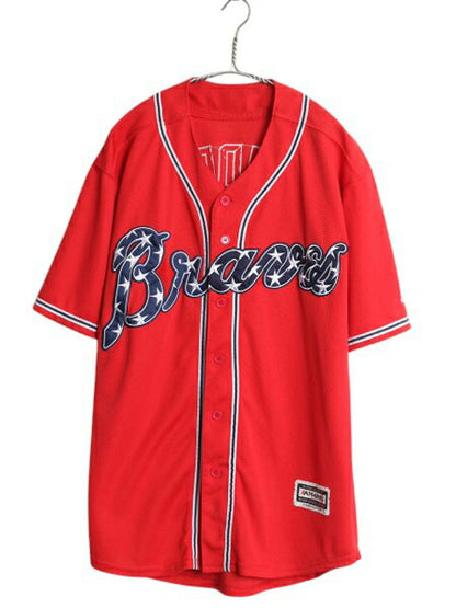 ブレーブス ベースボール シャツ メンズ XL 程 古着 MLB オフィシャル マジェスティック 大リーグ ユニフォーム ゲームシャツ 大きいサイズ