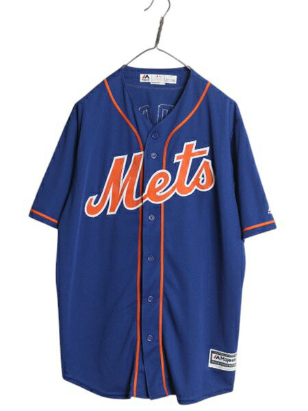 メッツ ベースボール シャツ メンズ L / 古着 MLB オフィシャル マジェスティック 大リーグ ユニフォーム ゲームシャツ 重ね着 半袖シャツ
