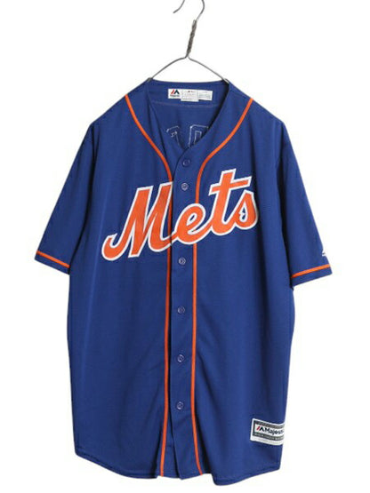 メッツ ベースボール シャツ メンズ L / 古着 MLB オフィシャル マジェスティック 大リーグ ユニフォーム ゲームシャツ 重ね着 半袖シャツ