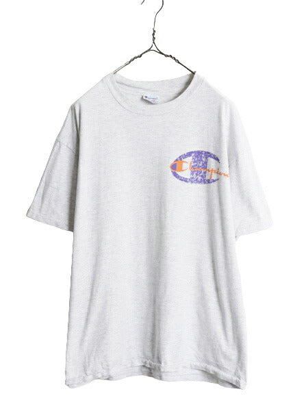 90s USA製 チャンピオン オーバー プリント 半袖 Tシャツ メンズ XL オールド Champion シングルステッチ 大きいサイズ バックプリント 灰
