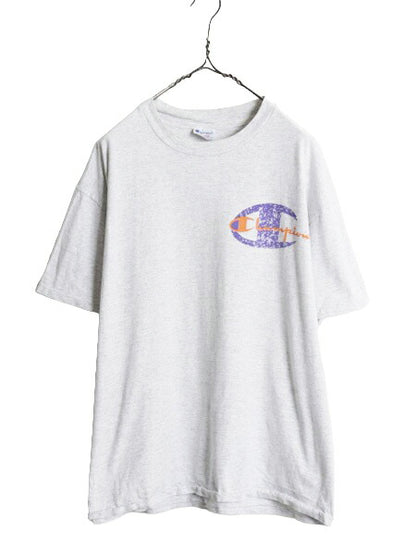 90s USA製 チャンピオン オーバー プリント 半袖 Tシャツ メンズ XL オールド Champion シングルステッチ 大きいサイズ バックプリント 灰
