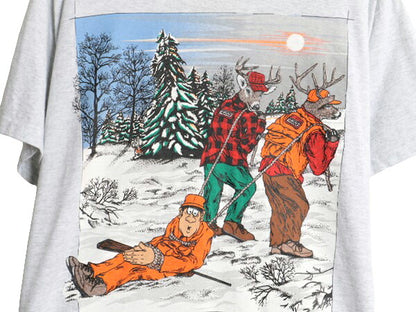 90s USA製 ジョーク アート イラスト プリント Tシャツ メンズ L / 古着 90年代 オールド ハンティング シカ アニマル シングルステッチ 灰