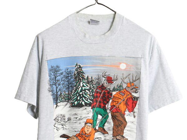 90s USA製 ジョーク アート イラスト プリント Tシャツ メンズ L / 古着 90年代 オールド ハンティング シカ アニマル シングルステッチ 灰