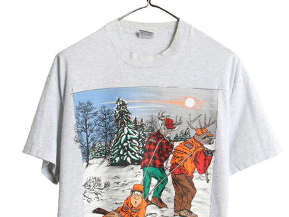 90s USA製 ジョーク アート イラスト プリント Tシャツ メンズ L / 古着 90年代 オールド ハンティング シカ アニマル シングルステッチ 灰