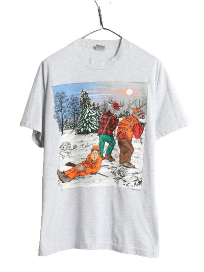 90s USA製 ジョーク アート イラスト プリント Tシャツ メンズ L / 古着 90年代 オールド ハンティング シカ アニマル シングルステッチ 灰