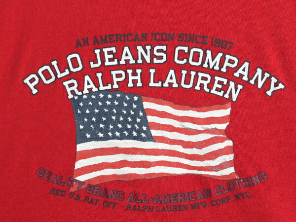 ラルフローレン プリント 半袖 リンガー Tシャツ メンズ L 古着 POLO JEANS CO ポロ コットン 星条旗 イラスト カットソー クルーネック 赤