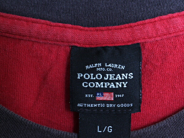 ラルフローレン プリント 半袖 リンガー Tシャツ メンズ L 古着 POLO JEANS CO ポロ コットン 星条旗 イラスト カットソー クルーネック 赤