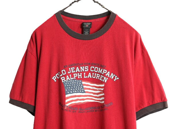 ラルフローレン プリント 半袖 リンガー Tシャツ メンズ L 古着 POLO JEANS CO ポロ コットン 星条旗 イラスト カットソー クルーネック 赤