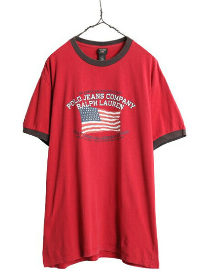 ラルフローレン プリント 半袖 リンガー Tシャツ メンズ L 古着 POLO JEANS CO ポロ コットン 星条旗 イラスト カットソー クルーネック 赤