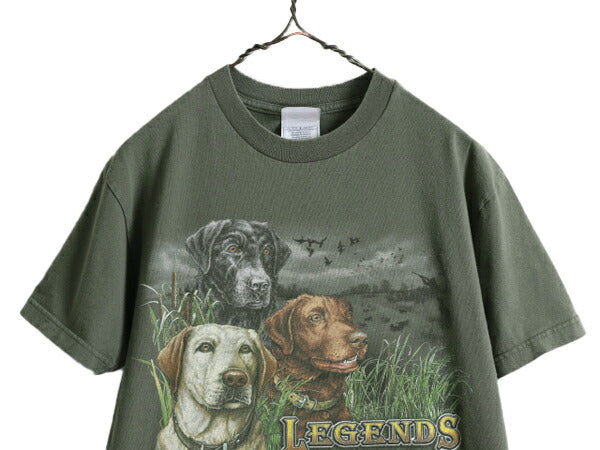 00s ■ ドッグ イラスト プリント 半袖 Tシャツ メンズ M 古着 00年代 オールド ハンティング アート アニマル ヘビーウェイト オリーブ 緑