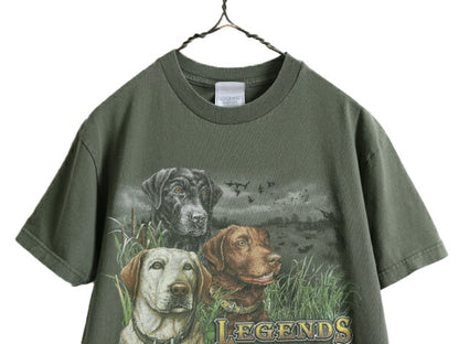 00s ■ ドッグ イラスト プリント 半袖 Tシャツ メンズ M 古着 00年代 オールド ハンティング アート アニマル ヘビーウェイト オリーブ 緑