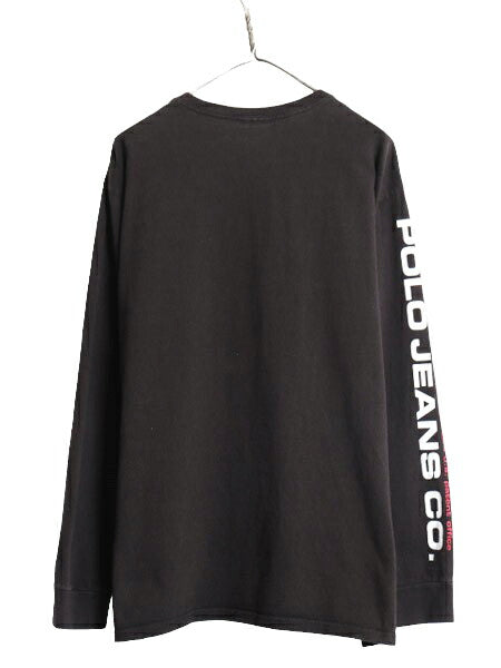 90s ラルフローレン プリント 長袖 Tシャツ メンズ XL / 90年代 オールド POLO JEANS CO ポロ  ロンT 袖プリント 黒 大きいサイズ ブラック