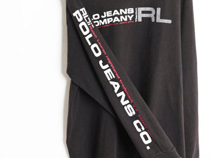 90s ラルフローレン プリント 長袖 Tシャツ メンズ XL / 90年代 オールド POLO JEANS CO ポロ  ロンT 袖プリント 黒 大きいサイズ ブラック