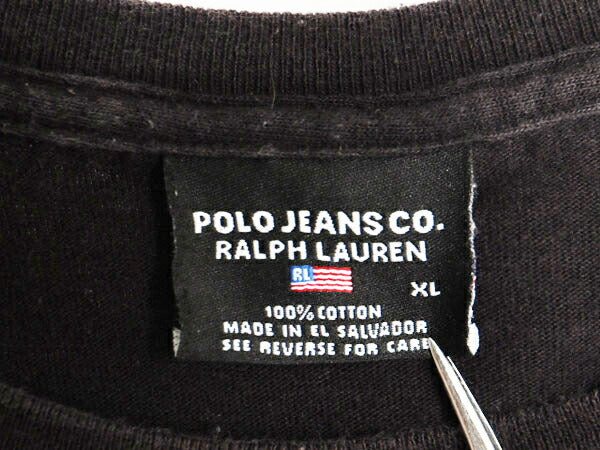 90s ラルフローレン プリント 長袖 Tシャツ メンズ XL / 90年代 オールド POLO JEANS CO ポロ  ロンT 袖プリント 黒 大きいサイズ ブラック