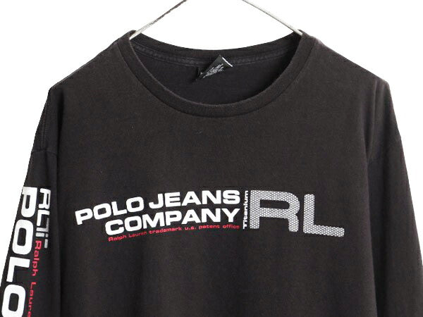 90s ラルフローレン プリント 長袖 Tシャツ メンズ XL / 90年代 オールド POLO JEANS CO ポロ  ロンT 袖プリント 黒 大きいサイズ ブラック