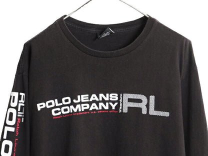 90s ラルフローレン プリント 長袖 Tシャツ メンズ XL / 90年代 オールド POLO JEANS CO ポロ  ロンT 袖プリント 黒 大きいサイズ ブラック