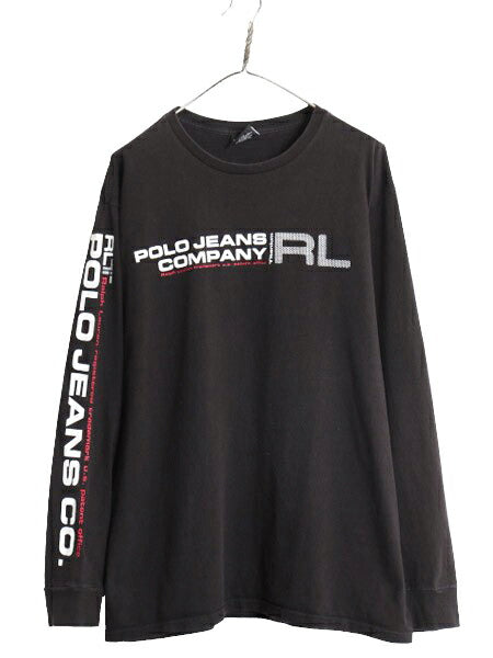 90s ラルフローレン プリント 長袖 Tシャツ メンズ XL / 90年代 オールド POLO JEANS CO ポロ  ロンT 袖プリント 黒 大きいサイズ ブラック