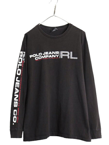 90s ラルフローレン プリント 長袖 Tシャツ メンズ XL / 90年代 オールド POLO JEANS CO ポロ  ロンT 袖プリント 黒 大きいサイズ ブラック