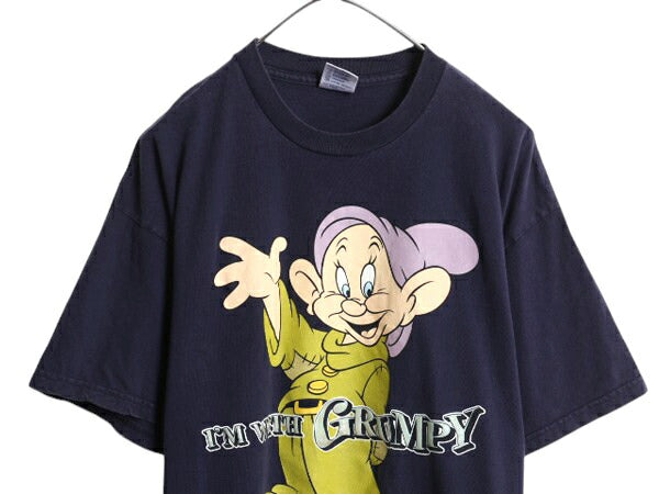 90s ドーピー イラスト プリント Tシャツ メンズ XL オールド ディズニー 白雪姫 7人の小人 キャラクター ヘビーウェイト 大きいサイズ 紺