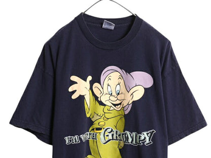 90s ドーピー イラスト プリント Tシャツ メンズ XL オールド ディズニー 白雪姫 7人の小人 キャラクター ヘビーウェイト 大きいサイズ 紺