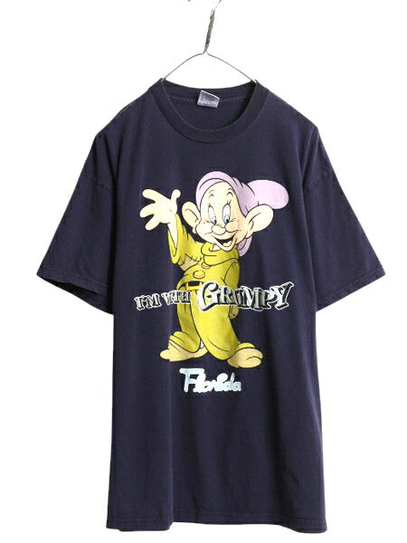 90s ドーピー イラスト プリント Tシャツ メンズ XL オールド ディズニー 白雪姫 7人の小人 キャラクター ヘビーウェイト 大きいサイズ 紺