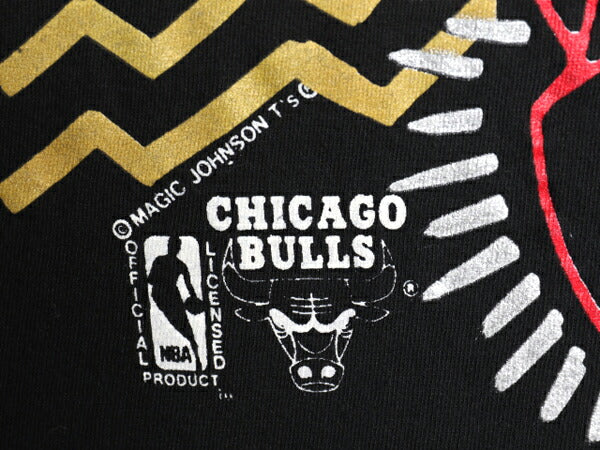 90s ブルズ アート イラスト プリント 半袖 Tシャツ メンズ L 程/ オールド NBA オフィシャル バスケ マイケル ジョーダン キャラクター 黒