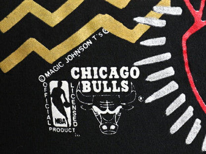 90s ブルズ アート イラスト プリント 半袖 Tシャツ メンズ L 程/ オールド NBA オフィシャル バスケ マイケル ジョーダン キャラクター 黒