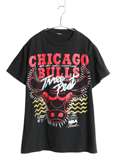 90s ブルズ アート イラスト プリント 半袖 Tシャツ メンズ L 程/ オールド NBA オフィシャル バスケ マイケル ジョーダン キャラクター 黒