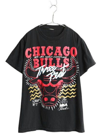 90s ブルズ アート イラスト プリント 半袖 Tシャツ メンズ L 程/ オールド NBA オフィシャル バスケ マイケル ジョーダン キャラクター 黒