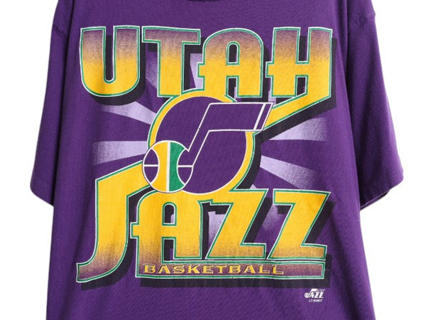 90s ユタ ジャズ プリント 半袖 Tシャツ メンズ XXL 程 オールド NBA オフィシャル バスケ 大きいサイズ シングルステッチ アート イラスト