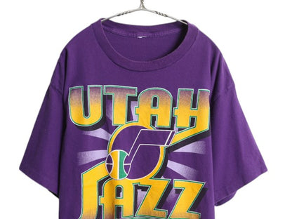 90s ユタ ジャズ プリント 半袖 Tシャツ メンズ XXL 程 オールド NBA オフィシャル バスケ 大きいサイズ シングルステッチ アート イラスト