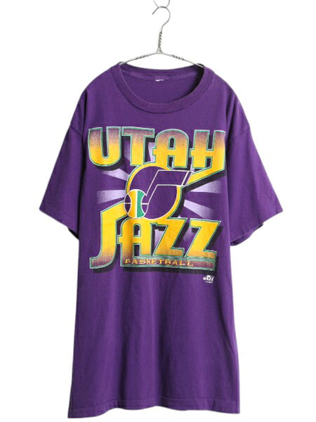 90s ユタ ジャズ プリント 半袖 Tシャツ メンズ XXL 程 オールド NBA オフィシャル バスケ 大きいサイズ シングルステッチ アート イラスト