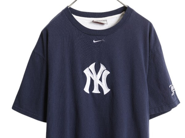 ナイキ ヤンキース ロゴ パッチ 刺繍 半袖 Tシャツ メンズ L / MLB オフィシャル 大リーグ ベースボール センター スモール スウッシュ 紺