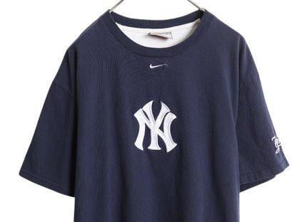 ナイキ ヤンキース ロゴ パッチ 刺繍 半袖 Tシャツ メンズ L / MLB オフィシャル 大リーグ ベースボール センター スモール スウッシュ 紺