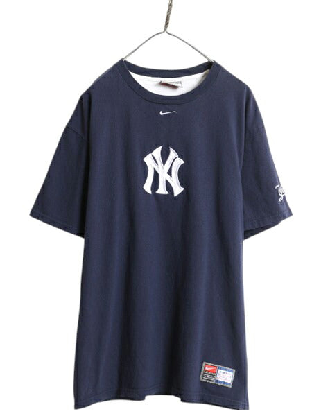 ナイキ ヤンキース ロゴ パッチ 刺繍 半袖 Tシャツ メンズ L / MLB オフィシャル 大リーグ ベースボール センター スモール スウッシュ 紺
