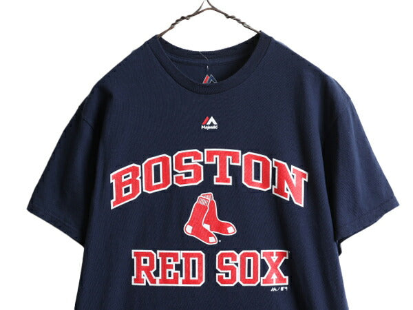 デッドストック ■ MLB オフィシャル Majestic レッドソックス プリント 半袖 Tシャツ メンズ M / ロゴT メジャーリーグ ヘビーウェイト 紺