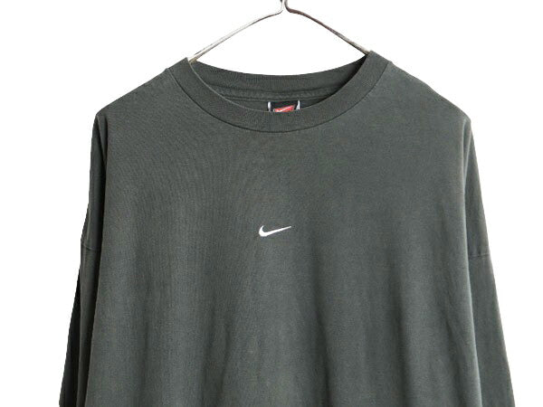 00s ナイキ センター スモール スウッシュ 刺繍 長袖 Tシャツ メンズ XXL / オールド NIKE ロンT コットン ヘビーウェイト 大きいサイズ 緑