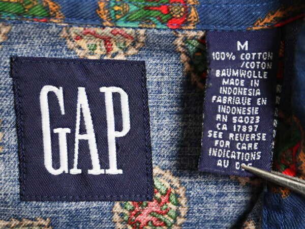 90s OLD GAP 総柄 長袖 ボタンダウン シャツ メンズ M / 90年代 オールド ギャップ 長袖シャツ コットン マルチカラー 紺タグ ポケット付き
