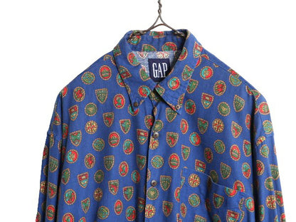 90s OLD GAP 総柄 長袖 ボタンダウン シャツ メンズ M / 90年代 オールド ギャップ 長袖シャツ コットン マルチカラー 紺タグ ポケット付き