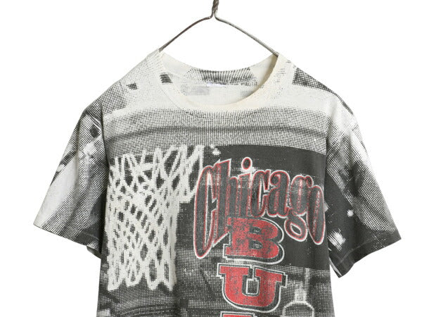 90s ブルズ オールオーバー プリント 半袖 Tシャツ メンズ S 程/ オールド NBA オフィシャル バスケ アート イラスト マイケル ジョーダン