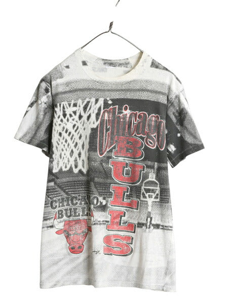 90s ブルズ オールオーバー プリント 半袖 Tシャツ メンズ S 程/ オールド NBA オフィシャル バスケ アート イラスト マイケル ジョーダン