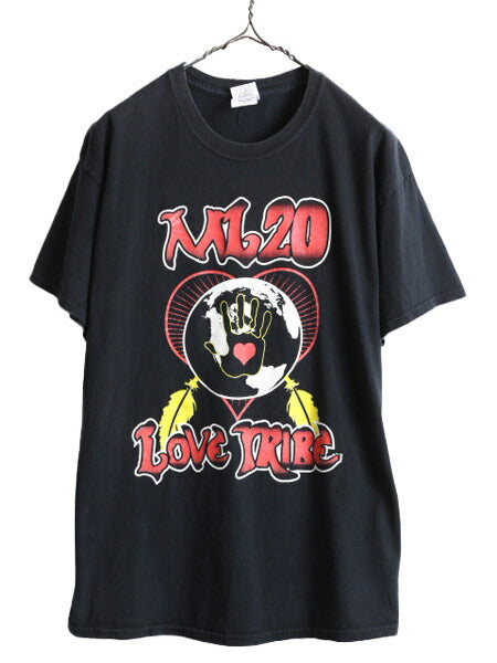 ■ アート イラスト 両面 プリント 半袖 Tシャツ メンズ L / 古着 メッセージ グラフィック LOVE PEACE ヘビーウェイト プリントTシャツ 黒