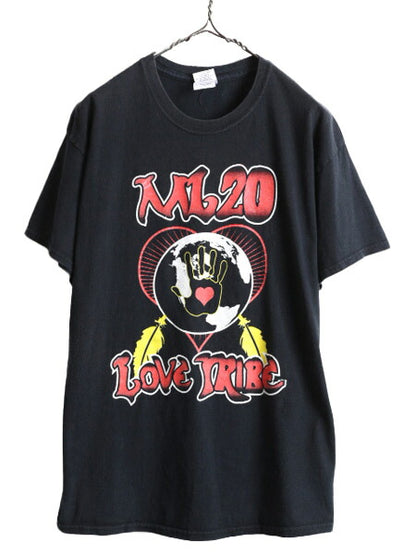 ■ アート イラスト 両面 プリント 半袖 Tシャツ メンズ L / 古着 メッセージ グラフィック LOVE PEACE ヘビーウェイト プリントTシャツ 黒