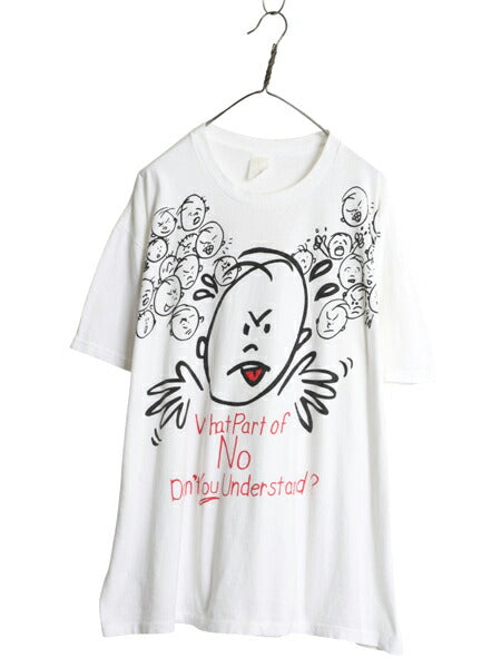 90s メッセージ キャラクター イラスト プリント Tシャツ メンズ XL / オールド シングルステッチ 大きいサイズ ヘビーウェイト カットソー