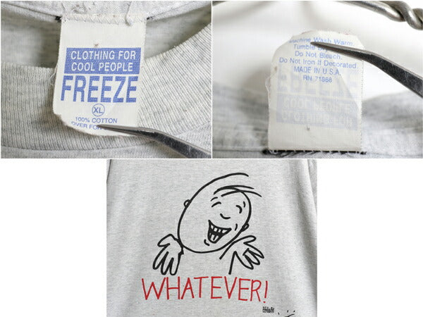 90s USA製 FREEZE キャラクター プリント Tシャツ メンズ XL 古着 オールド アート イラスト メッセージ シングルステッチ 大きいサイズ 灰