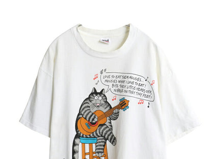 90s USA製 クリバンキャット イラスト プリント Tシャツ メンズ XL オールド ネコ キャラクター シングルステッチ 大きいサイズ アート 白