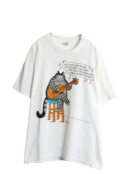 90s USA製 クリバンキャット イラスト プリント Tシャツ メンズ XL オールド ネコ キャラクター シングルステッチ 大きいサイズ アート 白