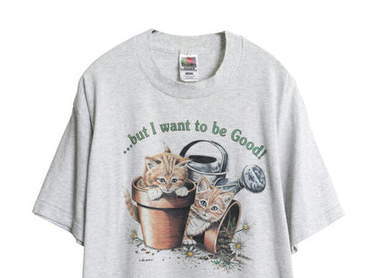 00s ネコ アート イラスト プリント Tシャツ メンズ レディース L 古着 オールド グラフィック シングルステッチ フルーツオブザルーム 灰