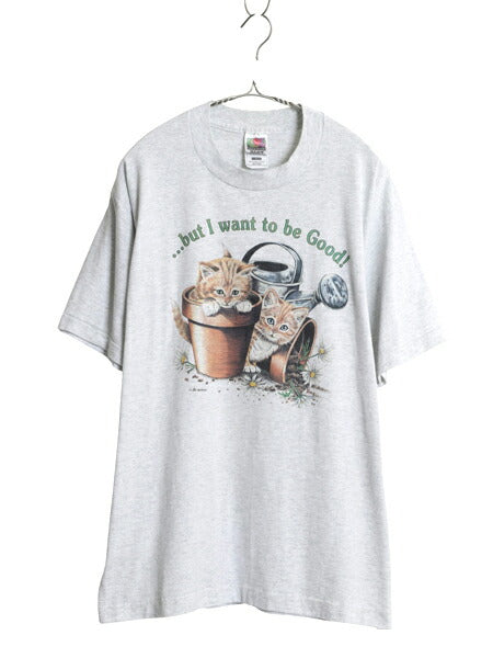 00s ネコ アート イラスト プリント Tシャツ メンズ レディース L 古着 オールド グラフィック シングルステッチ フルーツオブザルーム 灰