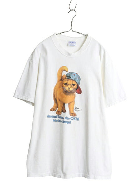 90s USA製 ネコ アート イラスト プリント Tシャツ メンズ レディース XL オールド アニマル キャラクター ヘビーウェイト 大きいサイズ 白